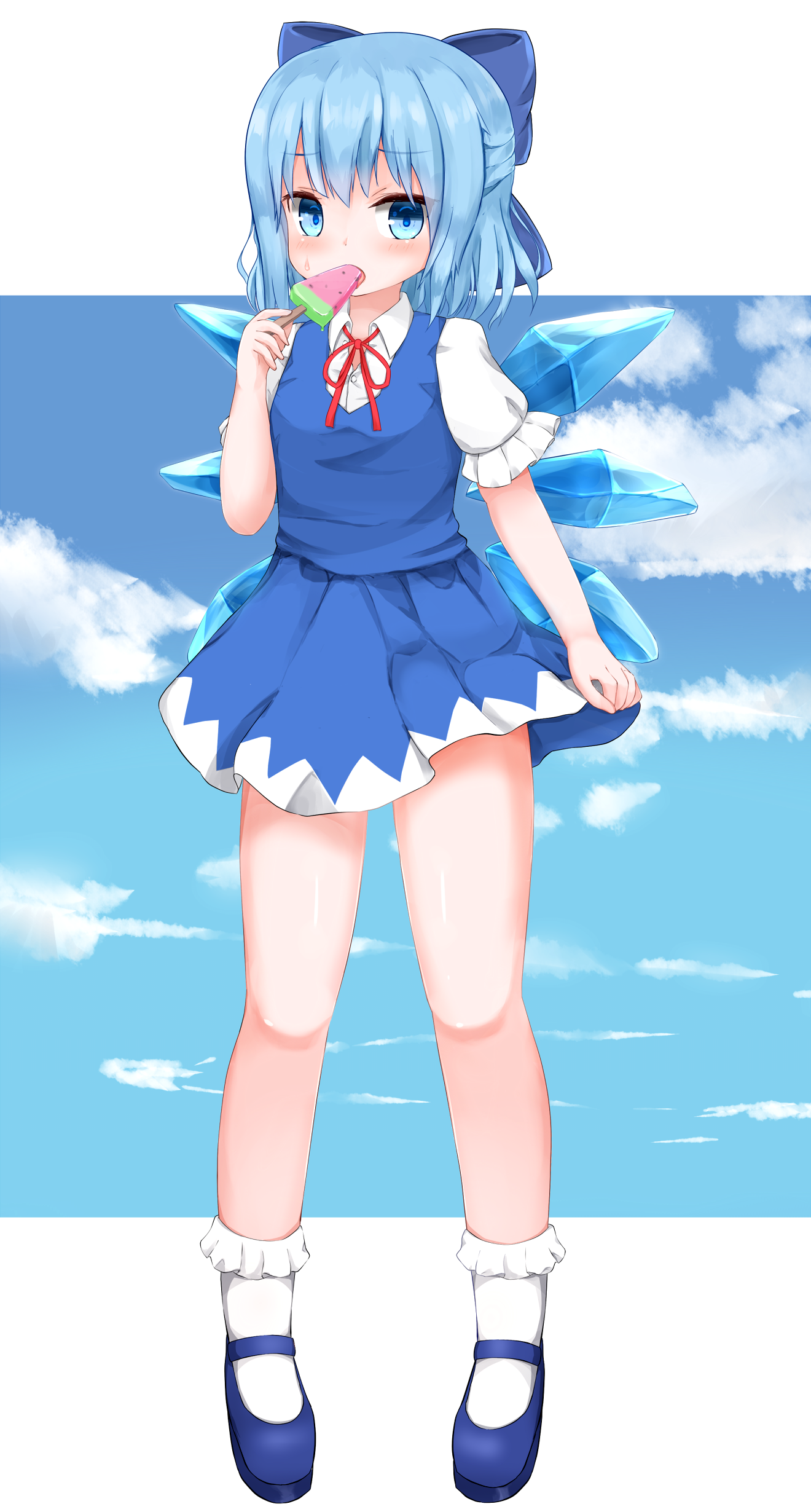 yobin (kotohira3689), cirno, touhou, absurdres, commentary, highres, revision, 1girl, arm up, blue dress, blue eyes, blue hair, blue shoes, blue skirt, blue sky, blush, bobby socks, breasts, cloud, day, dress, eating, food, hair ribbon, looking at viewer, mary janes, miniskirt, neck ribbon, outdoors, pinafore dress, popsicle, puffy short sleeves, puffy sleeves, red ribbon, ribbon, shirt, shoes, short hair, short sleeves, skirt, skirt hold, sky, sleeveless, sleeveless dress, small breasts, socks, solo, standing, sweat, watermelon bar, white shirt, white socks, wings