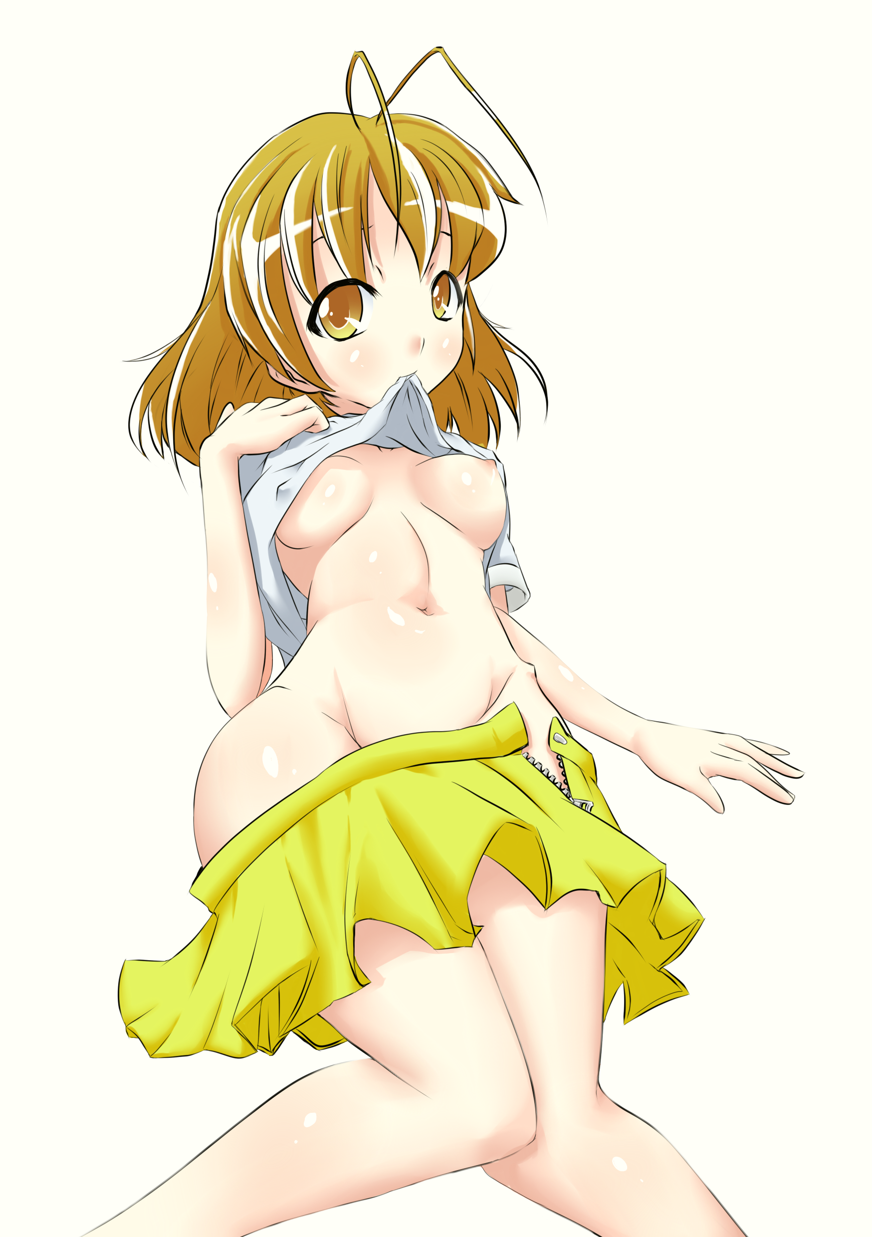 raime, furukawa nagisa, clannad, absurdres, highres, 00s, 1girl, antenna hair, breasts, brown eyes, brown hair, clothes lift, female focus, medium breasts, mouth hold, no panties, shirt lift, short hair, skirt, solo