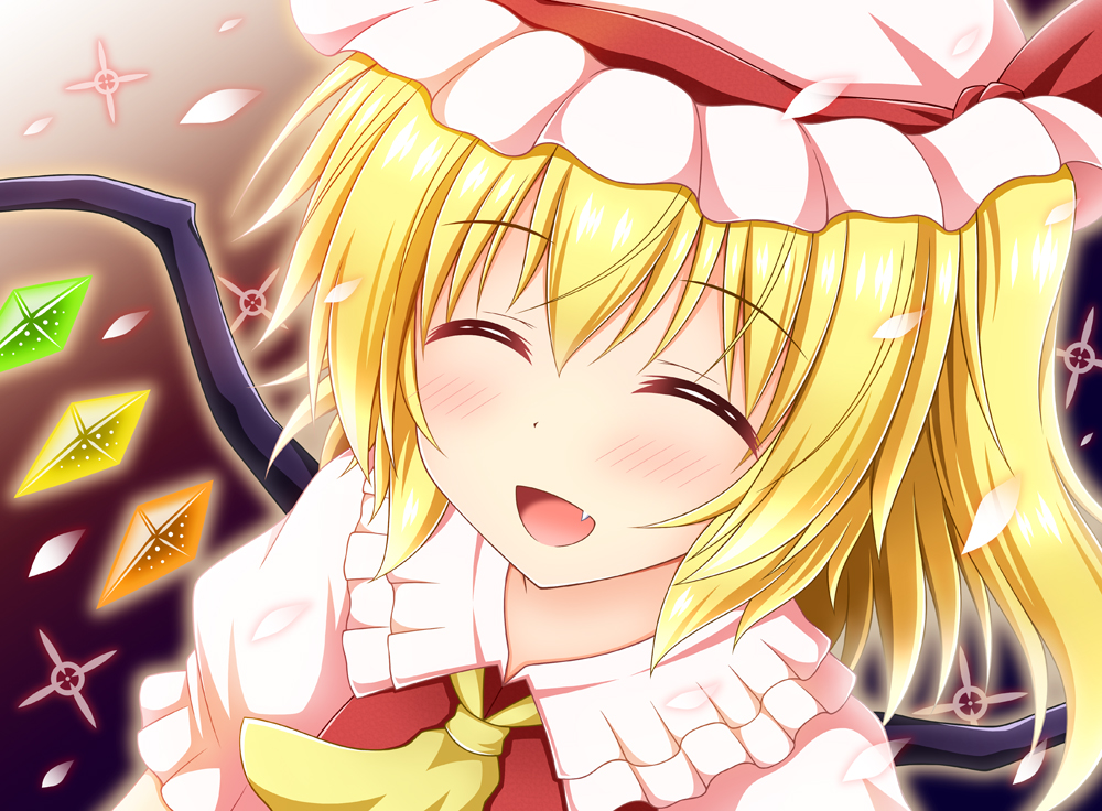nagana sayui, flandre scarlet, touhou, commentary request, photoshop (medium), revision, 1girl, :d, ascot, aura, blonde hair, blush, closed eyes, crystal, facing viewer, fang, frilled shirt collar, frills, gradient background, hair between eyes, hat, hat ribbon, mob cap, open mouth, petals, puffy short sleeves, puffy sleeves, red vest, ribbon, shirt, short hair, short sleeves, side ponytail, smile, solo, upper body, vest, white hat, white shirt, wings, yellow ascot