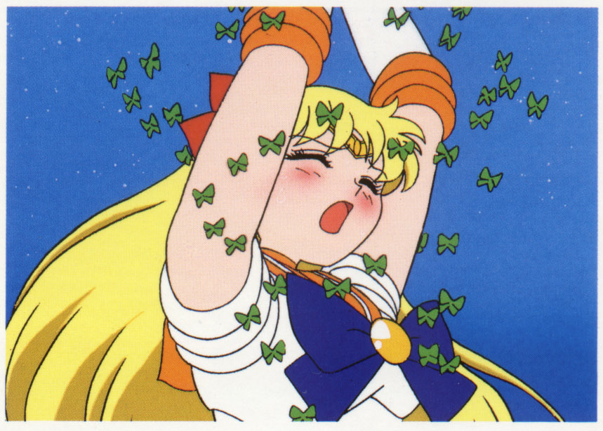 aino minako, sailor venus, bishoujo senshi sailor moon, anime screenshot, 1990s (style), 1girl, arms up, blonde hair, blush, bow, bug, butterfly, closed eyes, elbow gloves, female focus, gloves, hair bow, insect, long hair, open mouth, retro artstyle, solo, sweat, tiara