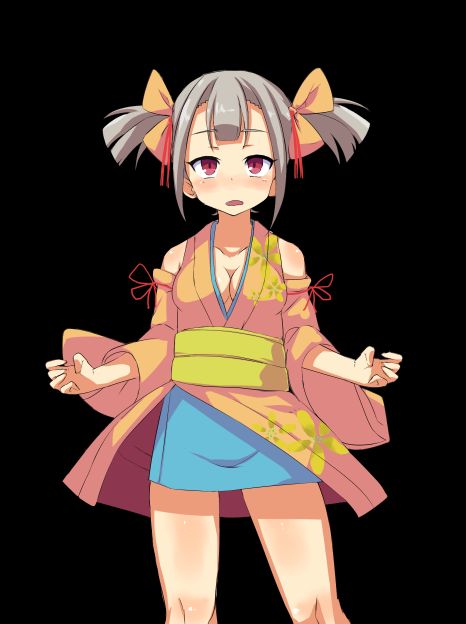 game cg, large variant set, variant set, 1girl, anime coloring, black background, blue skirt, blush, bow, breasts, cleavage, collarbone, cowboy shot, detached sleeves, grey hair, hair between eyes, hair bow, japanese clothes, kimono, looking at viewer, medium breasts, miniskirt, mizuha (toraware no kami-sama), obi, open mouth, pencil skirt, red eyes, sash, short hair, short kimono, shoulder blush, simple background, skirt, sleeveless, sleeveless kimono, solo, standing, tachi-e, tachinori buranko, thighs, toraware no kami-sama to tabi no shoujo, twintails, wide sleeves, yellow bow, yellow kimono, yellow sash