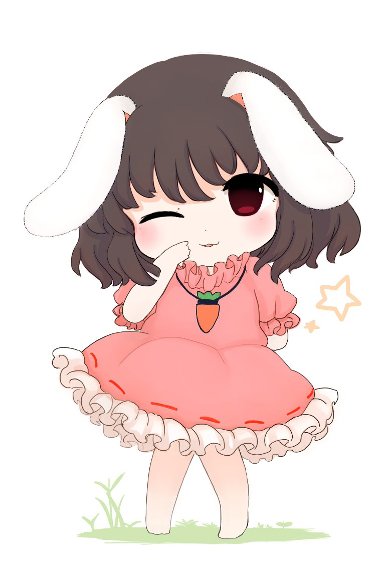 azuma meri, inaba tewi, touhou, commentary request, revision, 1girl, ;3, animal ears, arm behind back, black hair, blush, carrot necklace, chibi, dress, full body, jewelry, knees together feet apart, necklace, one eye closed, petticoat, pigeon-toed, pink dress, puffy short sleeves, puffy sleeves, rabbit ears, red eyes, short sleeves, solo