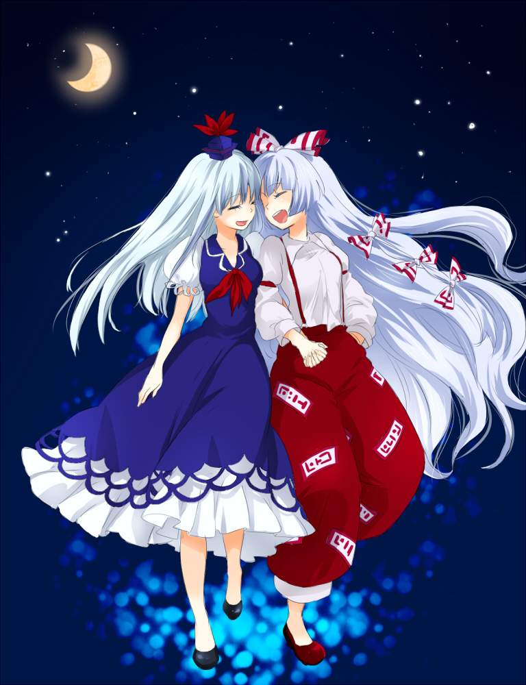 machiko (beard), fujiwara no mokou, kamishirasawa keine, touhou, silver hair, bad id, bad pixiv id, 2girls, bow, closed eyes, crescent moon, female focus, hair bow, happy, hat, holding hands, long hair, moon, multiple girls, multiple hair bows, night, night sky, ofuda, ribbon, sky, walking