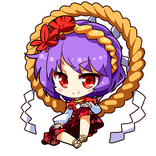 renren (ah renren), yasaka kanako, touhou, commentary, lowres, revision, 1girl, chibi, ginkgo leaf, hair ornament, hairband, hand on own knee, layered clothes, layered sleeves, leaf, leaf hair ornament, long sleeves, looking at viewer, maple leaf, puffy short sleeves, puffy sleeves, purple hair, red eyes, red shirt, red skirt, rope, sandals, shimenawa, shirt, short hair, short over long sleeves, short sleeves, simple background, sitting, skirt, smile, solo, white background