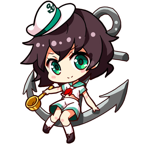 renren (ah renren), murasa minamitsu, touhou, commentary, lowres, revision, 1girl, anchor, anchor print, aqua eyes, black hair, black shoes, blush stickers, chibi, full body, hat, hishaku, holding, knees together feet apart, midriff, sailor, sailor hat, shirt, shoes, short hair, short sleeves, shorts, smile, socks, solo, white hat, white shirt, white shorts, white socks