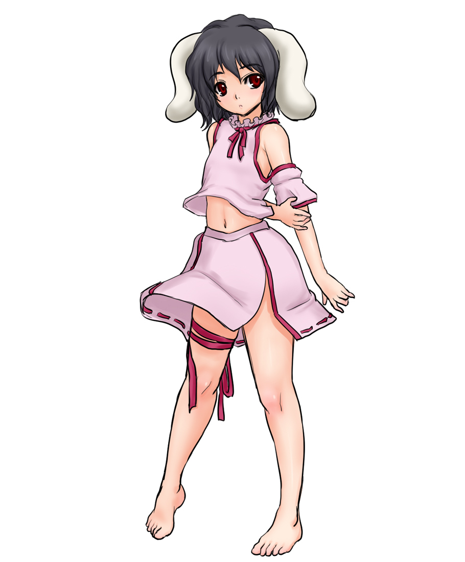 kuro suto sukii, inaba tewi, touhou, 1girl, animal ears, arm behind back, barefoot, feet, female focus, flat chest, full body, leg ribbon, midriff, navel, rabbit ears, ribbon, simple background, solo, standing, white background