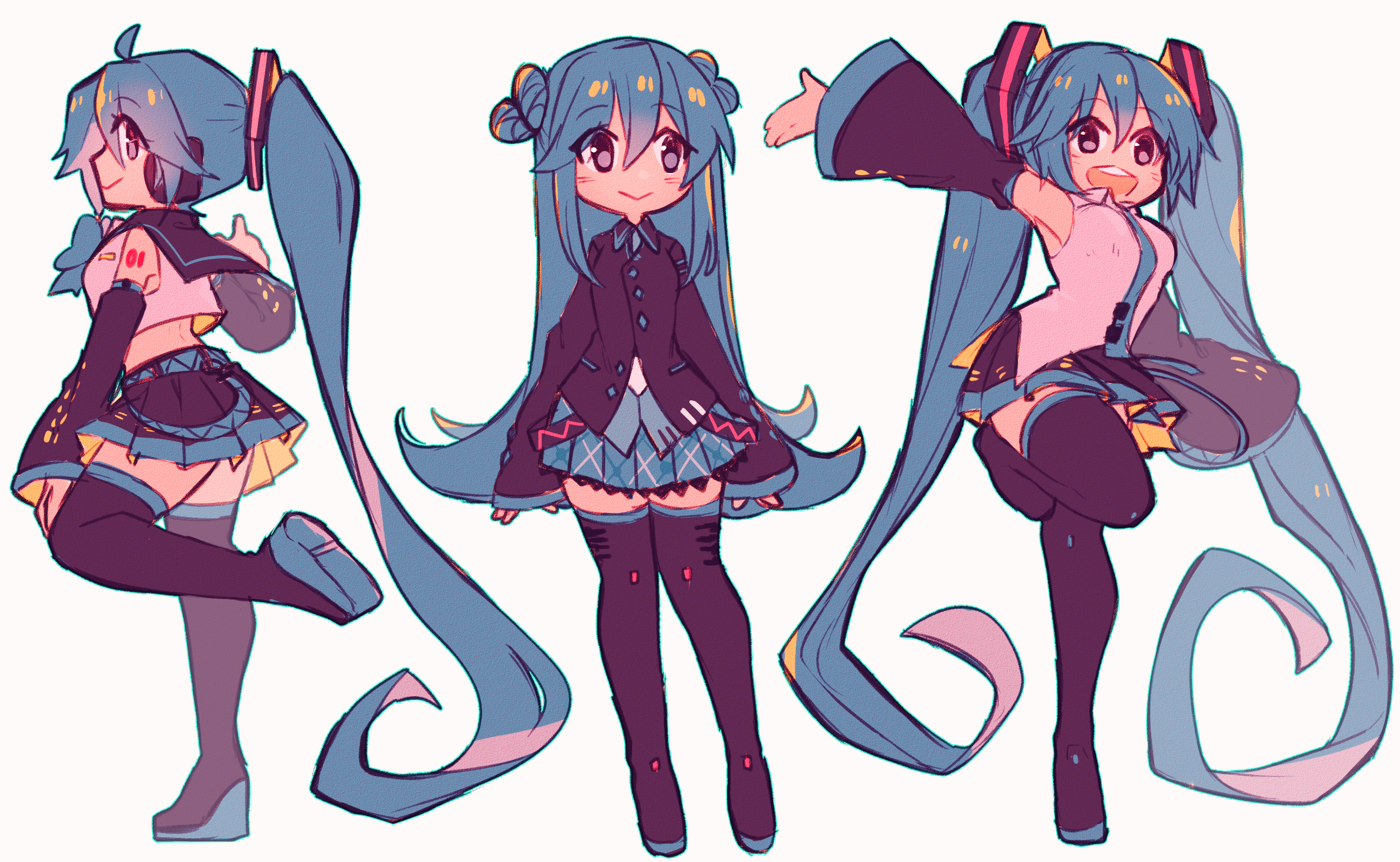 hikusa, hatsune miku, vocaloid, commentary request, highres, black skirt, blue hair, blush, closed mouth, hair ornament, long hair, necktie, nice knee socks day, simple background, skirt, standing, very long hair