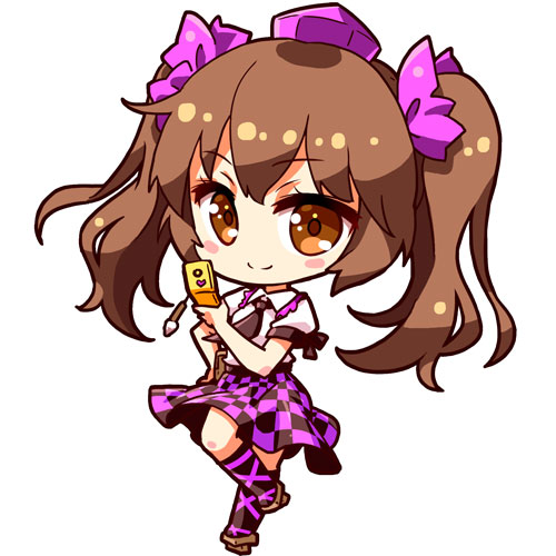renren (ah renren), himekaidou hatate, touhou, commentary, lowres, revision, 1girl, black necktie, black socks, blush stickers, bow, brown eyes, brown hair, cellphone, checkered clothes, checkered skirt, chibi, cross-laced clothes, cross-laced legwear, flip phone, frilled shirt collar, frills, full body, geta, hair bow, hat, looking at viewer, necktie, phone, puffy short sleeves, puffy sleeves, purple bow, purple hat, purple ribbon, purple skirt, ribbon, shirt, short sleeves, skirt, smile, socks, solo, standing, standing on one leg, tengu-geta, tokin hat, twintails, white shirt