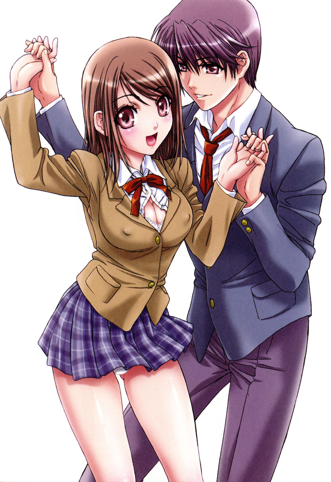 nanno koto, highres, 1boy, 1girl, blazer, blush, breasts, brown hair, cleavage, couple, covered erect nipples, hetero, holding hands, jacket, large breasts, miniskirt, open mouth, panties, pantyshot, plaid clothes, plaid skirt, school uniform, short hair, skirt, smile, underwear, white panties