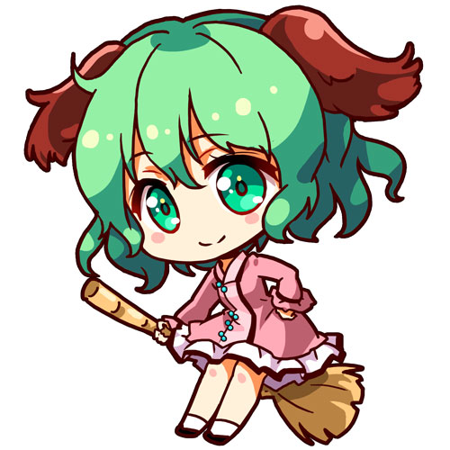 renren (ah renren), kasodani kyouko, touhou, commentary, lowres, revision, 1girl, animal ears, bamboo broom, blue eyes, blue hair, blush stickers, broom, chibi, dog ears, dress, frilled sleeves, frills, hand on own hip, holding, holding broom, long sleeves, looking at viewer, pink dress, smile, solo