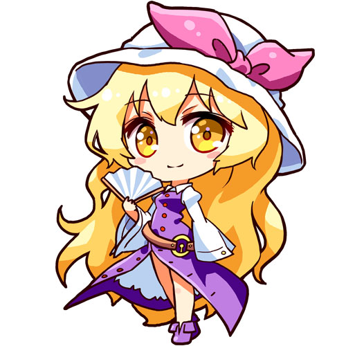 renren (ah renren), watatsuki no toyohime, touhou, commentary, lowres, md5 mismatch, 1girl, blonde hair, blush stickers, bow, chibi, dress, folding fan, full body, hand fan, hat, hat bow, juliet sleeves, long hair, long sleeves, looking at viewer, pink bow, puffy sleeves, purple dress, purple shoes, shoes, simple background, smile, solo, very long hair, white background, white hat, wide sleeves, yellow eyes