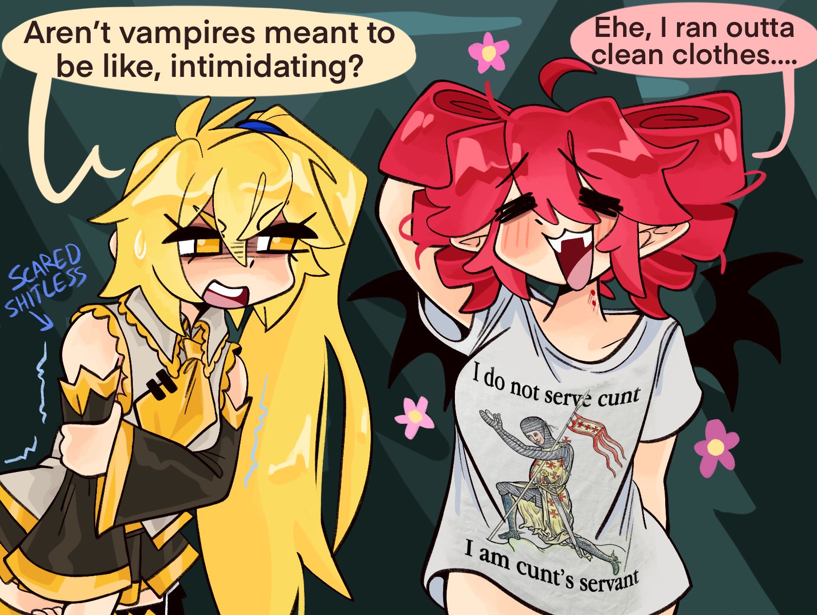 kecchi0, akita neru, kasane teto, utau, vocaloid, highres, 2girls, ahoge, bat wings, bite mark, bite mark on neck, blonde hair, blush, closed eyes, collarbone, detached sleeves, drill hair, english text, fangs, looking at another, multiple girls, necktie, open mouth, print shirt, red hair, shirt, side ponytail, speech bubble, twin drills, vampire, wings, yellow necktie