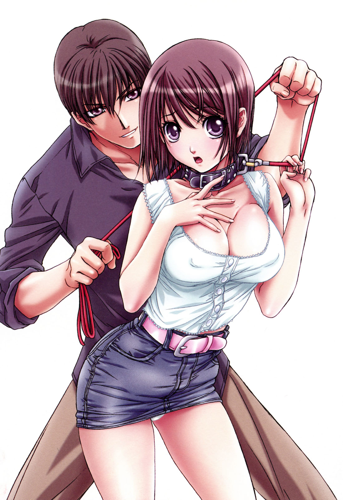 nanno koto, highres, 1boy, 1girl, bdsm, belt, bondage, bound, breasts, brown hair, choker, cleavage, clenched hand, collar, couple, denim skirt, hetero, large breasts, leash, miniskirt, panties, pantyshot, pencil skirt, pet play, pink hair, skirt, thighs, underwear, upskirt