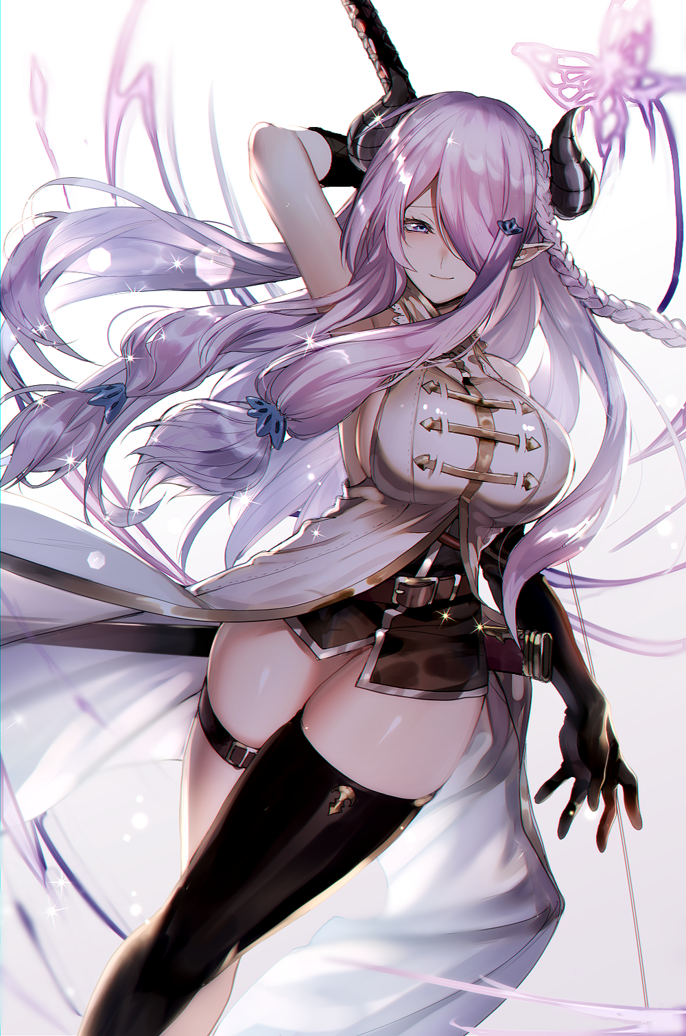 sss3, narmaya (granblue fantasy), granblue fantasy, commentary, highres, 1girl, black gloves, braid, breasts, bug, butterfly, draph, elbow gloves, feet out of frame, gloves, hair over one eye, holding, holding sword, holding weapon, horns, insect, long hair, looking at viewer, pink hair, pointy ears, purple eyes, sideboob, simple background, single thighhigh, smile, solo, sword, thighhighs, weapon, white background