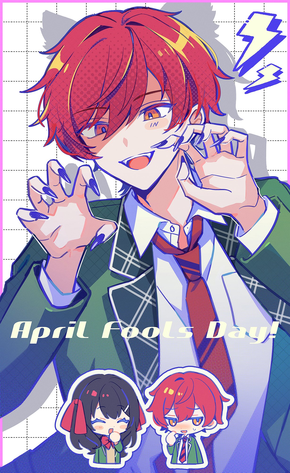 character request, commentary request, hashtag-only commentary, highres, 1boy, 1girl, 4k10r1, :d, april fools, blush, border, chibi, chibi inset, claw pose, death game wo yarukkyanai!, different shadow, english text, fingernails, green jacket, grid background, hair between eyes, hair intakes, hands up, jacket, lapels, lightning bolt symbol, long fingernails, long sleeves, male focus, necktie, open clothes, open jacket, open mouth, orange eyes, outside border, pink border, red hair, red necktie, shirt, short hair, smile, solo focus, teeth, upper body, upper teeth only, white background, white shirt