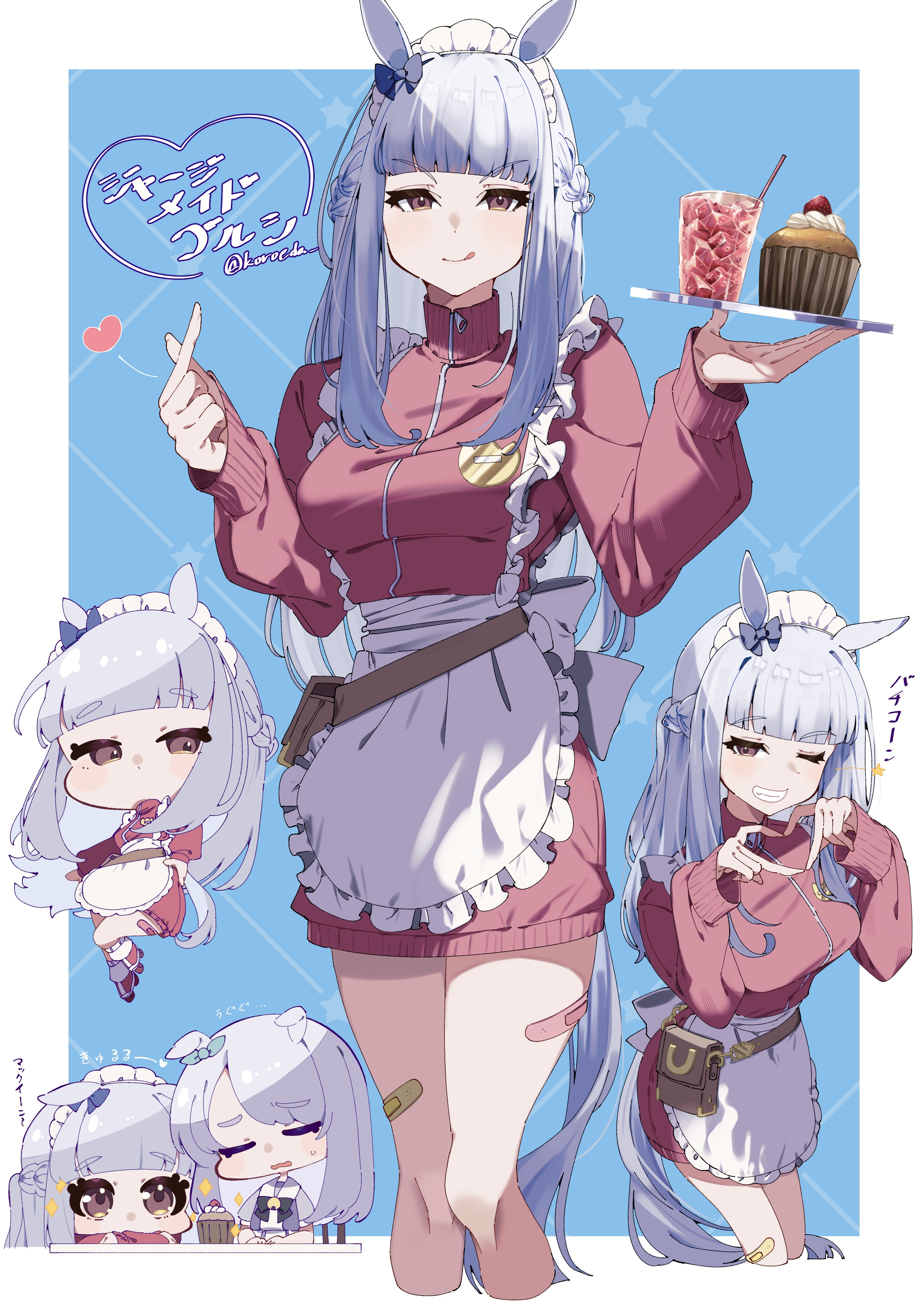 koroeda6, gold ship (umamusume), mejiro mcqueen (umamusume), umamusume, absurdres, highres, 2girls, animal ears, apron, bandaid, bandaid on leg, blunt bangs, blush, closed eyes, closed mouth, four-finger heart hands, grey hair, grin, heart, heart hands, horse ears, horse girl, horse tail, jacket, licking lips, long hair, maid apron, maid headdress, multiple girls, one eye closed, pink jacket, pink skirt, purple eyes, school uniform, sidelocks, skirt, smile, sweatdrop, tail, tongue, tongue out, tracen school uniform