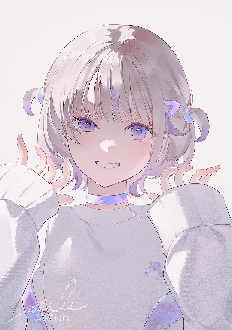 achiki, todoroki hajime, todoroki hajime (1st costume), hololive, hololive dev is, 1girl, blonde hair, choker, grin, jacket, purple choker, purple eyes, shirt, signature, sleeves past wrists, smile, twitter username, two side up, virtual youtuber, white jacket, white shirt