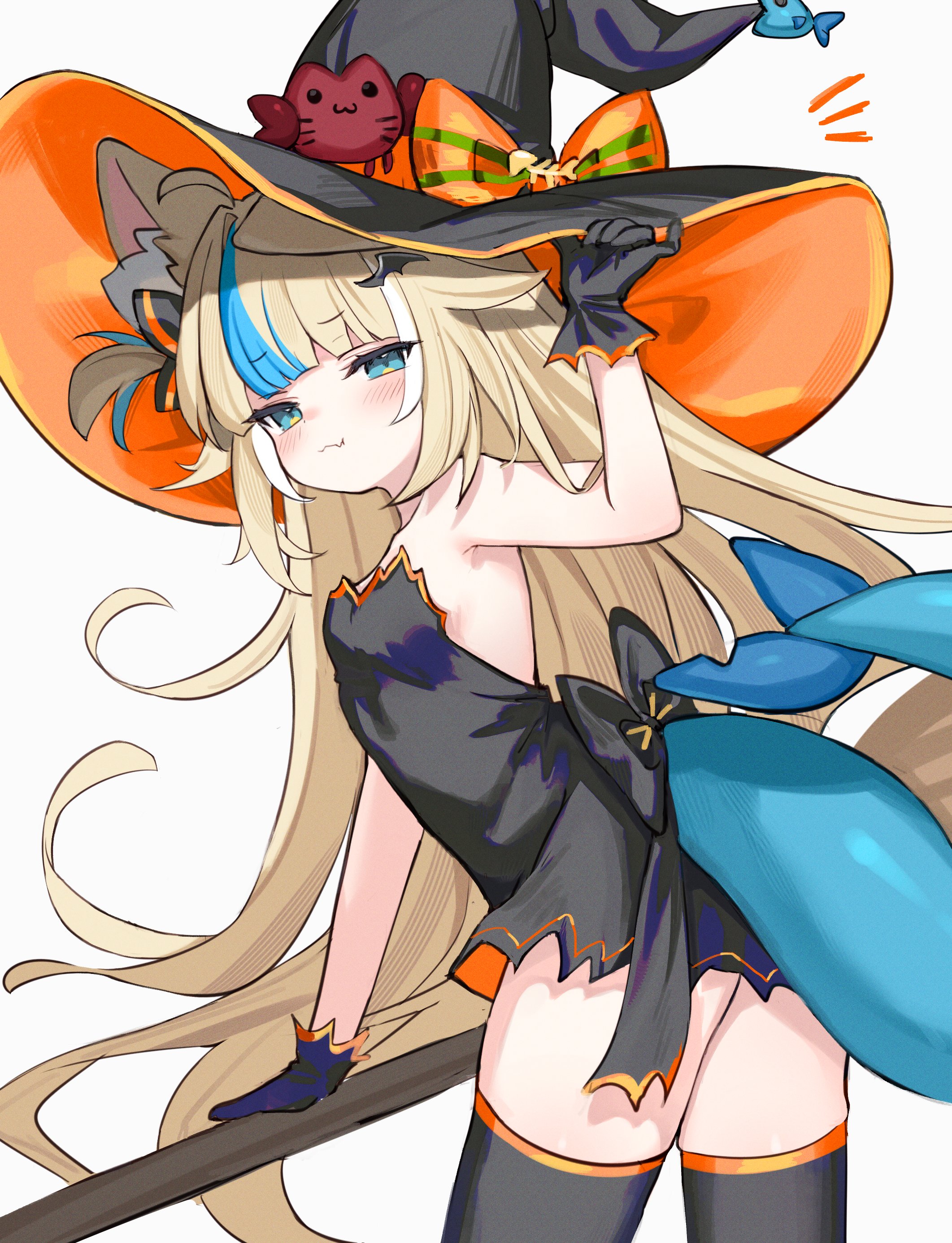 shouu-kun, kaniki (sameko saba), sameko saba, indie virtual youtuber, absurdres, commentary, hashtag-only commentary, highres, symbol-only commentary, 1girl, :3, ahoge, alternate costume, alternate hairstyle, animal ear fluff, animal ears, armpits, ass, back bow, backless dress, backless outfit, bare arms, bare shoulders, bat hair ornament, black bow, black dress, black gloves, black hat, black thighhighs, blonde hair, blue eyes, blue streaks, blue tail, blunt bangs, blush, bow, breasts, broom, cat ears, closed mouth, clothing cutout, cowboy shot, crab, dress, fangs, fins, fish girl, fish hat ornament, fish skeleton hat ornament, fish tail, flipped hair, furrowed brow, gloves, hair bow, hair flaps, hair ornament, halloween, halloween costume, hand on headwear, hat, hat bow, holding, holding broom, large hat, long hair, looking at viewer, looking back, mascot, microdress, multicolored hair, notice lines, official artist extra, one side up, orange bow, petite, reverse grip, sideboob, simple background, single ear down, skin fangs, small breasts, smug, solid circle eyes, solo, standing, streaked hair, striped bow, tail, tail through clothes, thighhighs, twisted torso, underbutt, very long hair, virtual youtuber, whiskers, white background, white streaks, wing hair ornament, witch, witch hat, zettai ryouiki