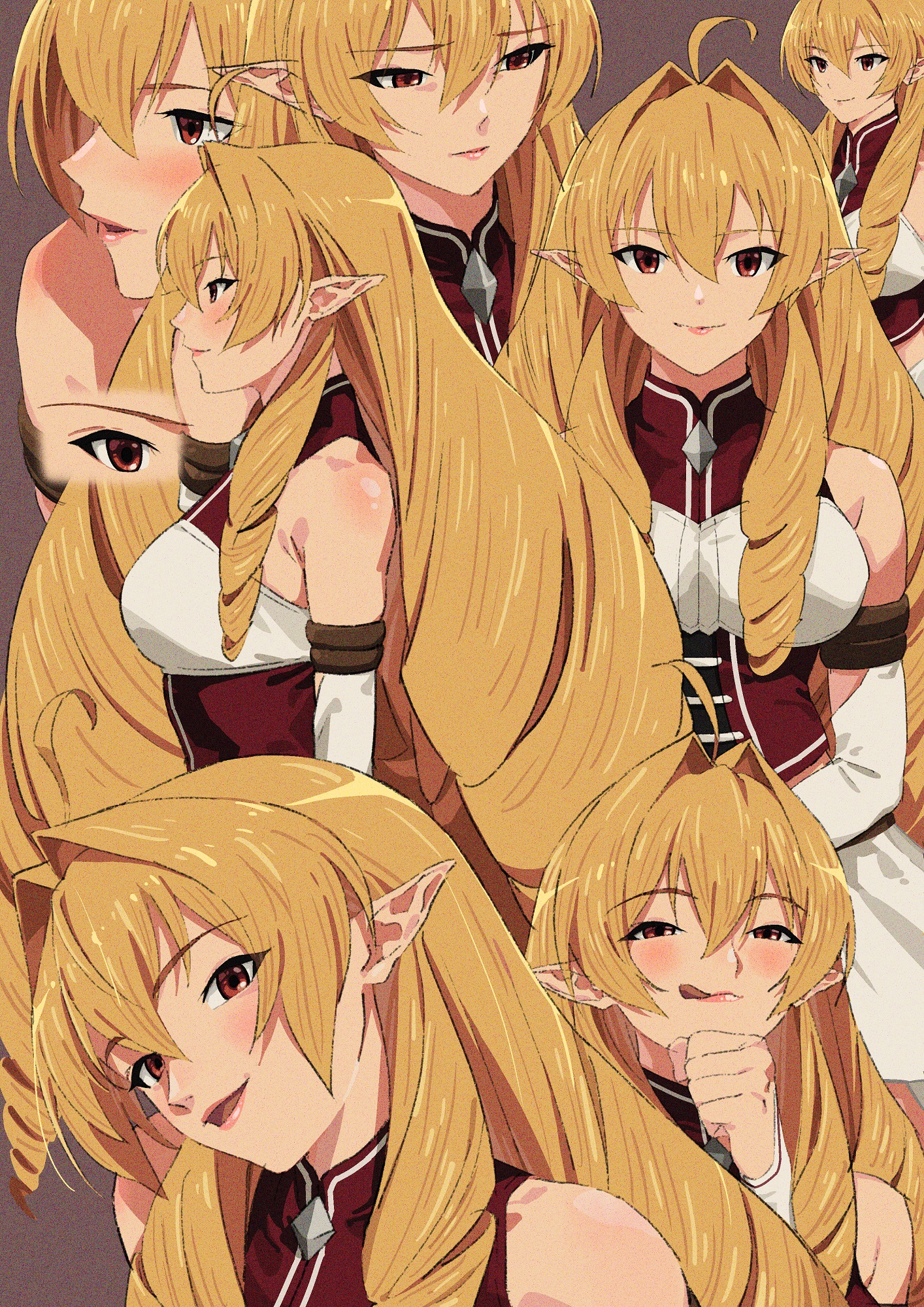 nyus0721, elinalise dragonroad, mushoku tensei, highres, 1girl, ahoge, bare shoulders, blonde hair, blush, breasts, detached sleeves, drill hair, elf, hair between eyes, large breasts, licking lips, long hair, looking at viewer, multiple views, pointy ears, red eyes, smile, tongue, tongue out, twin drills, very long hair