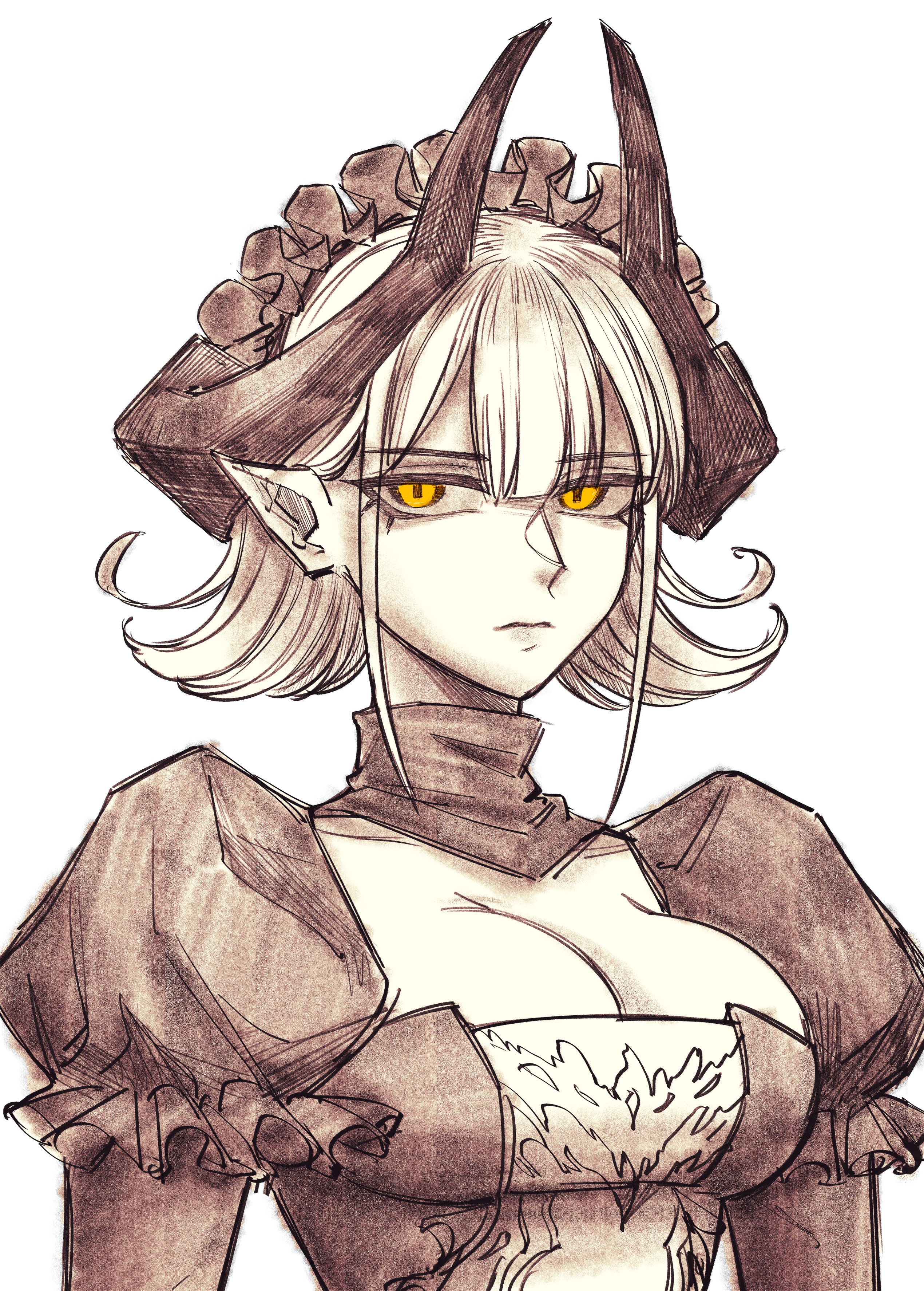 senukin, original, absurdres, commentary, highres, unfinished, 1girl, black dress, breasts, cleavage, closed mouth, double-parted bangs, dragina (senukin), dragon girl, dragon horns, dress, horns, large breasts, looking at viewer, maid, maid headdress, no scar, pointy ears, short hair, simple background, sketch, solo, upper body, white background, white hair, yellow eyes