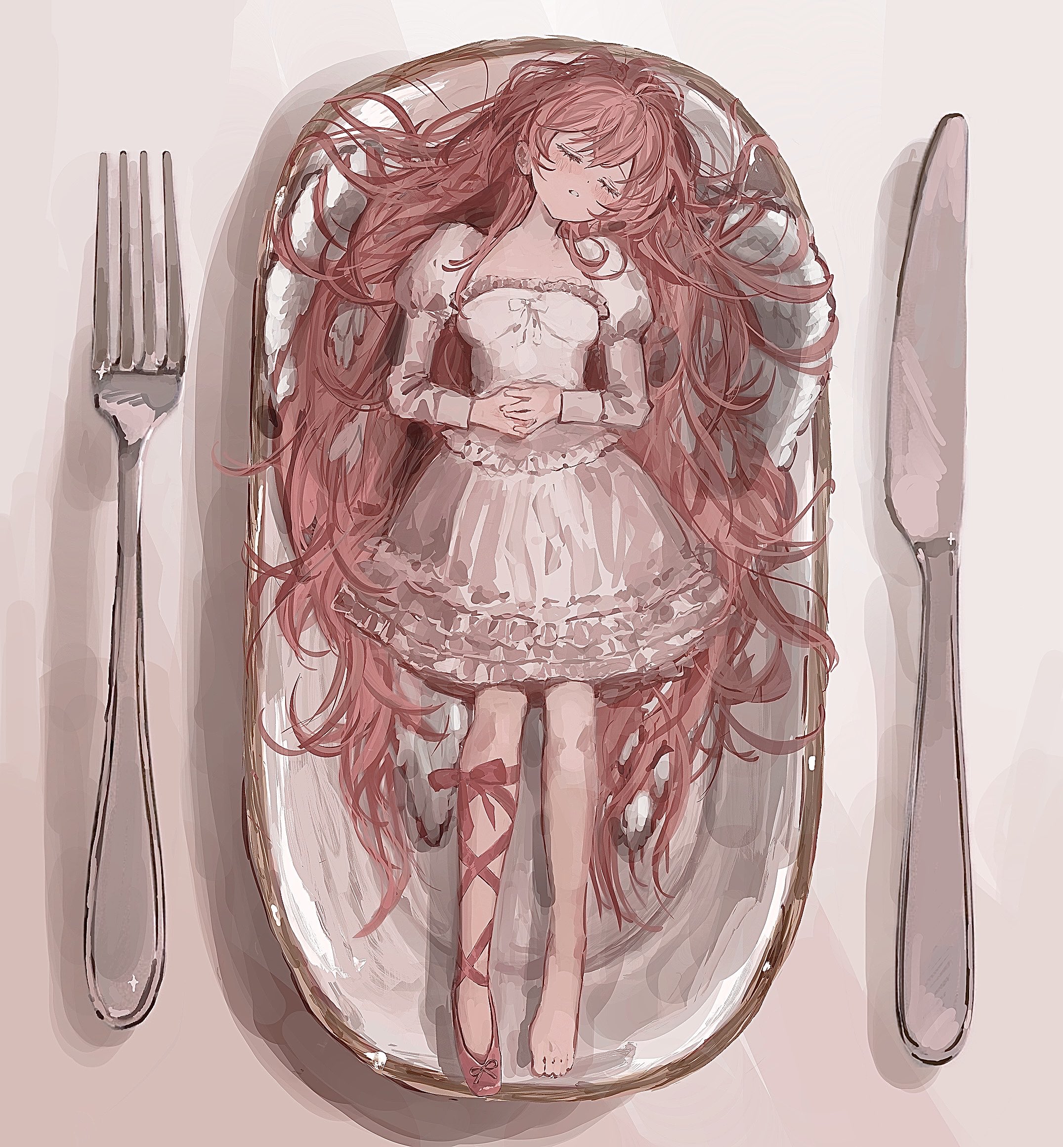 sushineko8, character request, copyright request, highres, blush, dress, fork, kitchen knife, knife, long hair, lying, on back, sleeping, table, very long hair, white dress