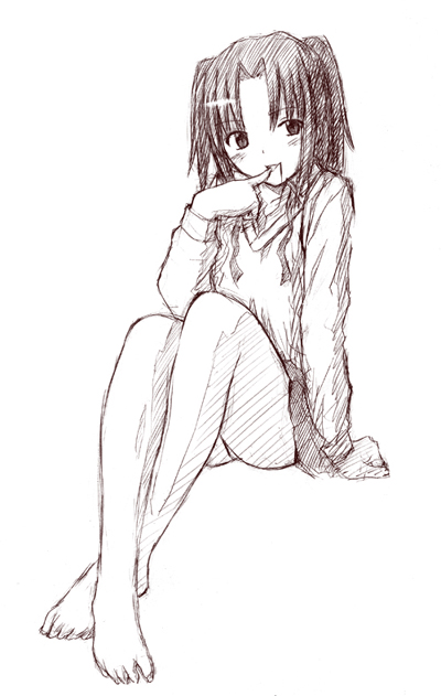 jas (littlecrime), yumizuka satsuki, tsukihime, 00s, 1girl, barefoot, brown theme, feet, female focus, legs, monochrome, school uniform, sketch, solo
