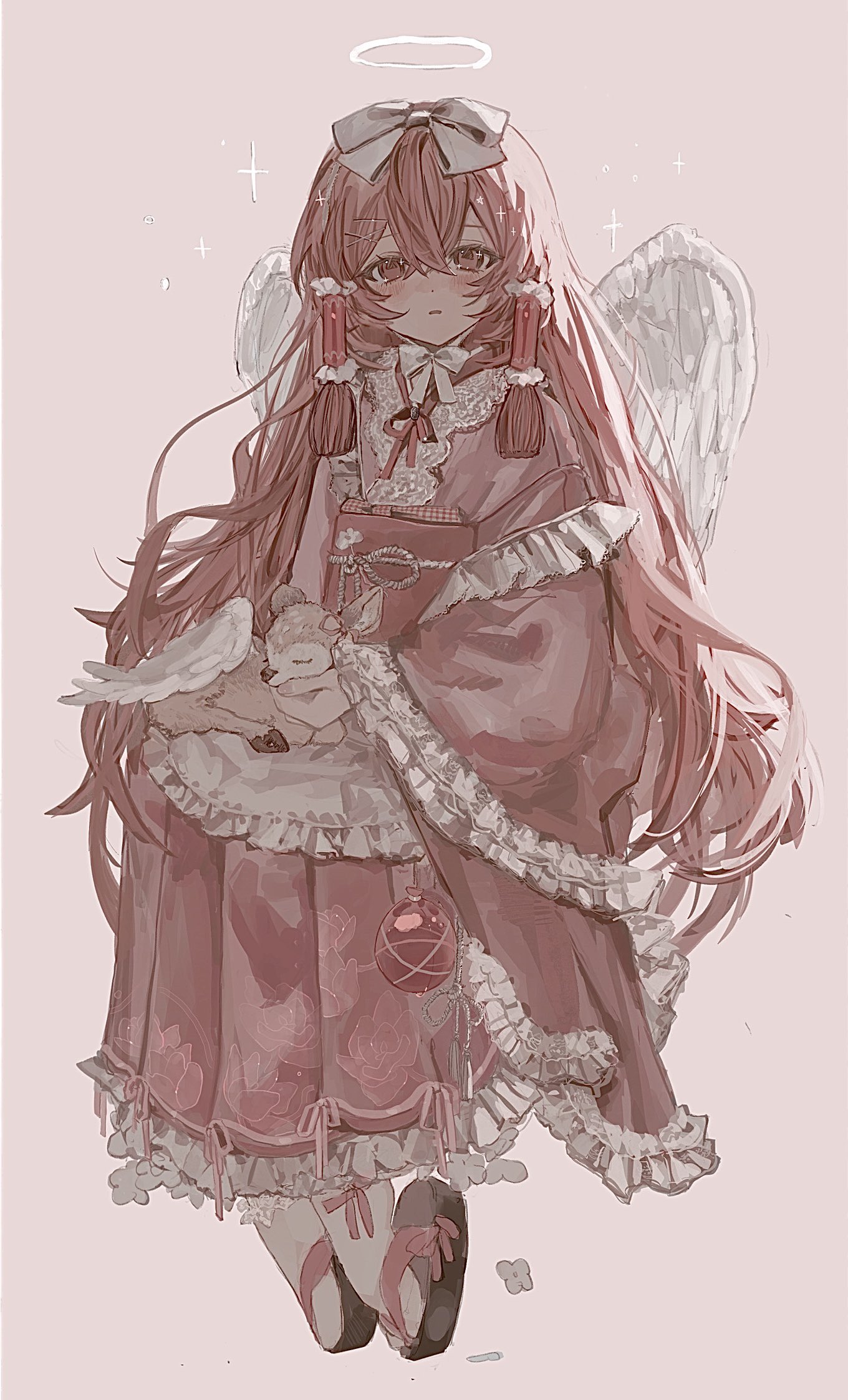 sushineko8, original, highres, 1girl, angel, angel wings, animal, blush, hair ornament, halo, looking at viewer, simple background, solo, wings, x hair ornament