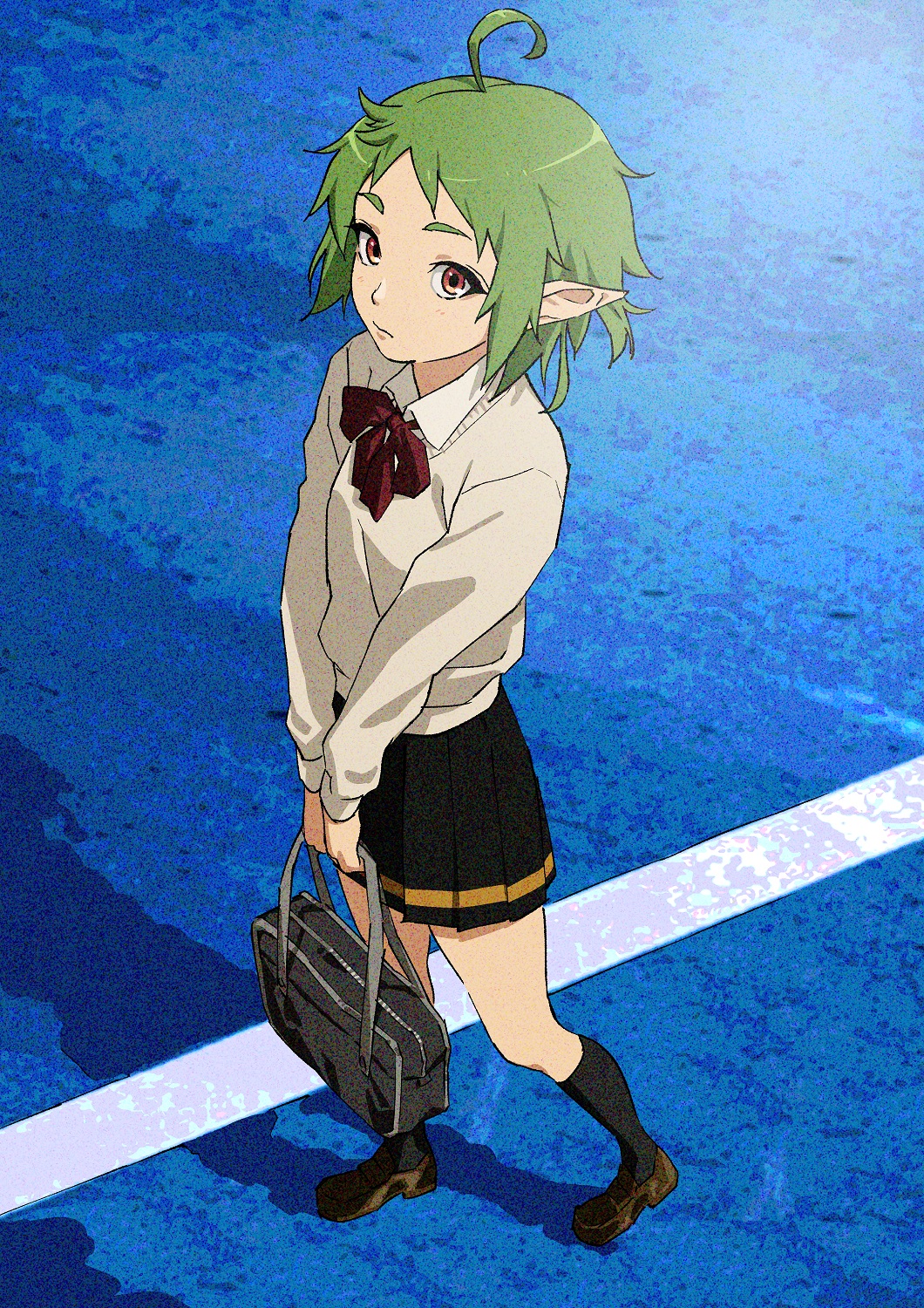 nyus0721, sylphiette (mushoku tensei), mushoku tensei, highres, 1girl, ahoge, bag, black skirt, black socks, bow, brown shoes, closed mouth, collared shirt, elf, green hair, holding, holding bag, looking at viewer, pleated skirt, pointy ears, red bow, red eyes, school bag, shirt, shoes, short hair, skirt, socks, solo, sweater, white shirt