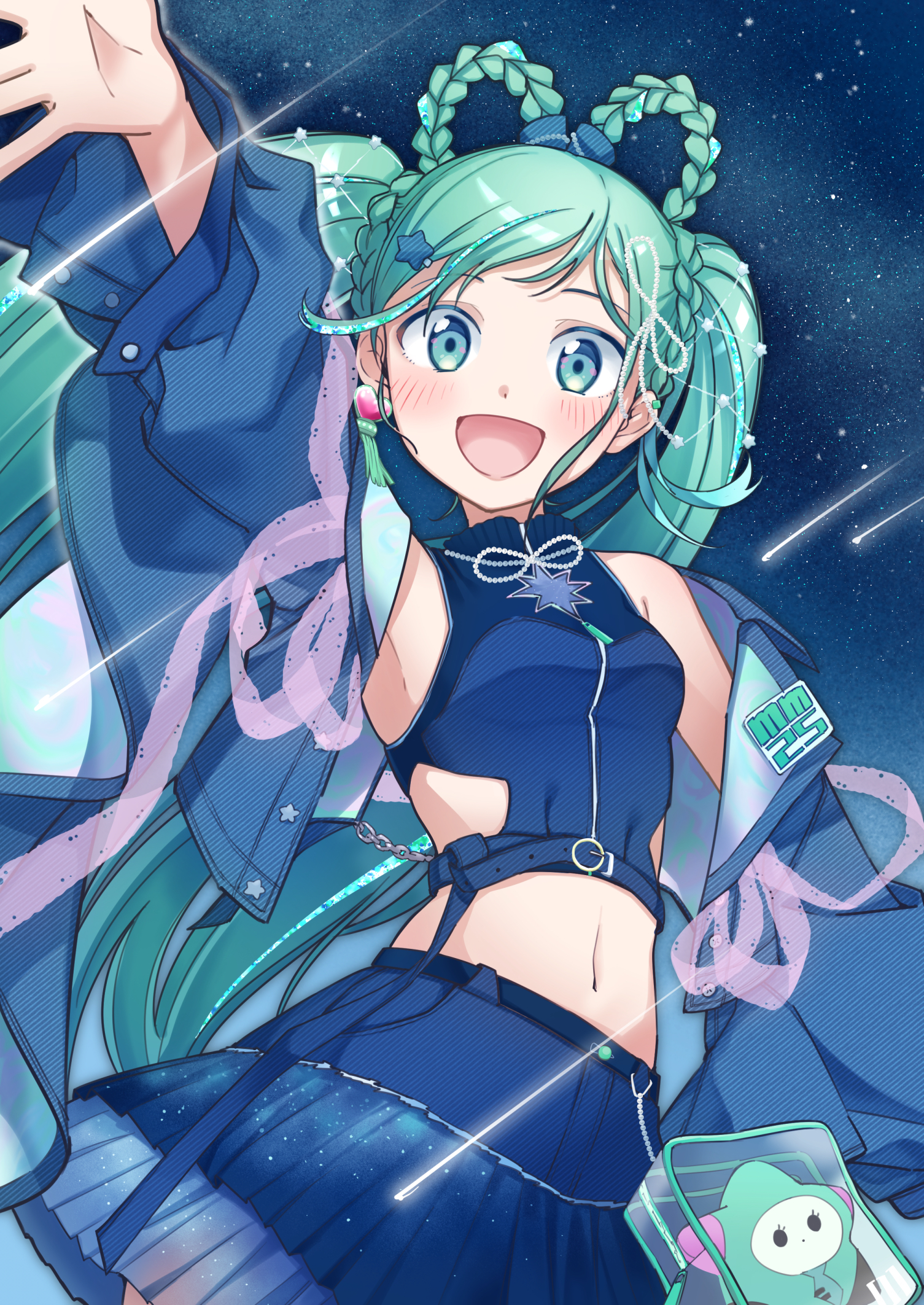 agonasubi, hatsune miku, magical mirai miku, magical mirai miku (2025), magical mirai (vocaloid), vocaloid, commentary request, highres, 1girl, aqua hair, arm up, blue eyes, blue jacket, blue skirt, blush, braid, braided hair rings, breasts, crop top, earrings, hair ornament, hair rings, heart, heart earrings, jacket, jewelry, long hair, long sleeves, looking at viewer, medium breasts, navel, official alternate costume, official alternate hairstyle, open clothes, open jacket, open mouth, shirt, single earring, skirt, sleeveless, sleeveless shirt, smile, solo, star (symbol), star hair ornament, stomach, twintails, very long hair