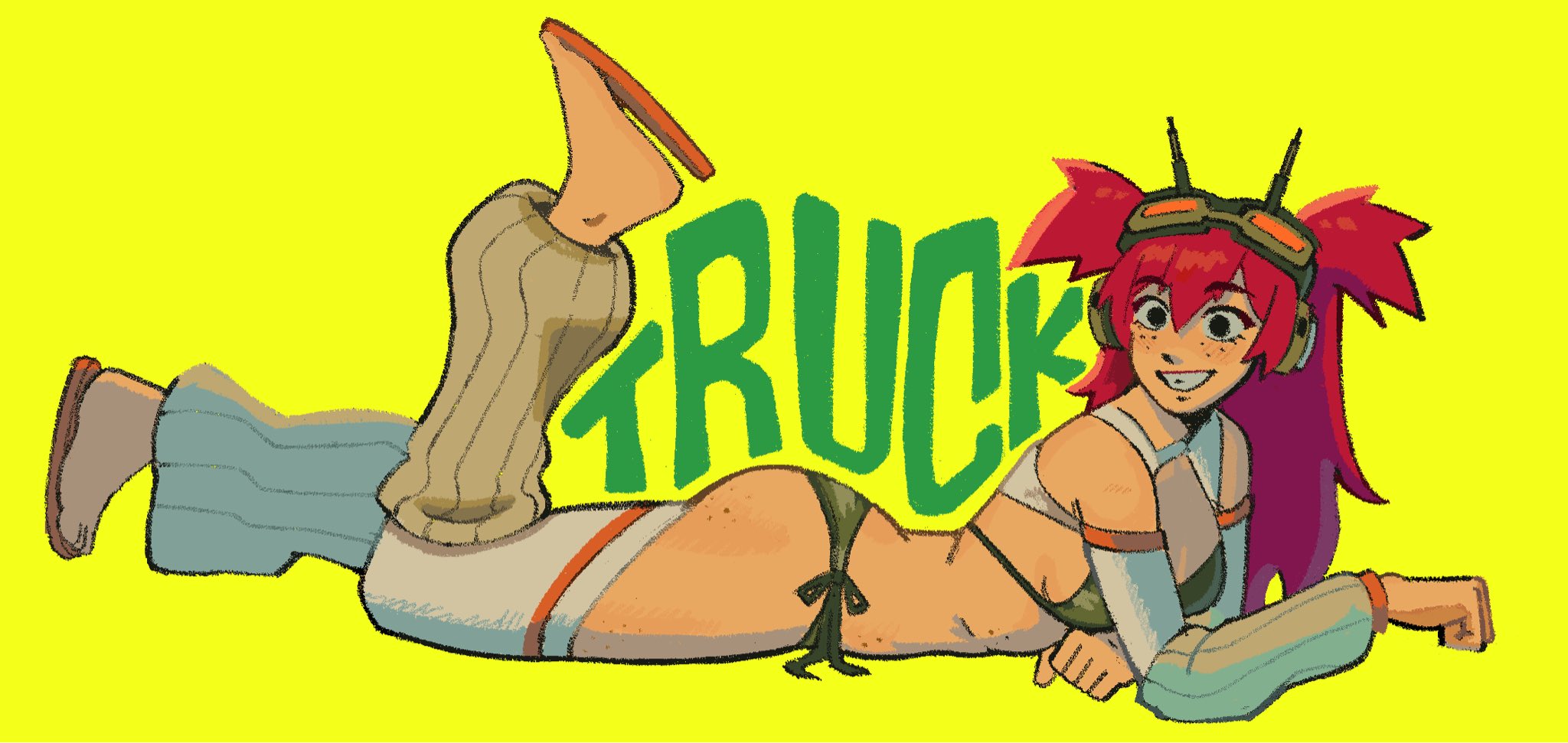 truck (nifast (greentail)), original, commentary, english commentary, highres, 1girl, bikini, black bikini, borrowed character, character name, freckles, from side, full body, headset, long hair, looking at viewer, lying, nahscraw, on stomach, red hair, side-tie bikini bottom, smile, solo, swimsuit, the pose, yellow background
