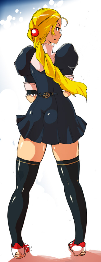 yunioshi, 1girl, ahoge, ass, back, black thighhighs, blonde hair, braid, dress, female focus, from behind, full body, glasses, hair bobbles, hair ornament, long hair, looking back, pince-nez, ponytail, shoes, short dress, skirt, sneakers, solo, thick thighs, thighhighs, thighs, zettai ryouiki