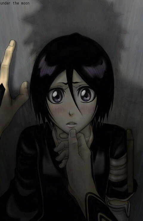 suirennnn, kuchiki rukia, kurosaki ichigo, bleach, commentary request, 1boy, 1girl, arm tattoo, black hair, hair between eyes, hand on another's chin, hand on wall, hand tattoo, kabedon, pov, pov hands, purple hair, shadow, short hair, tattoo