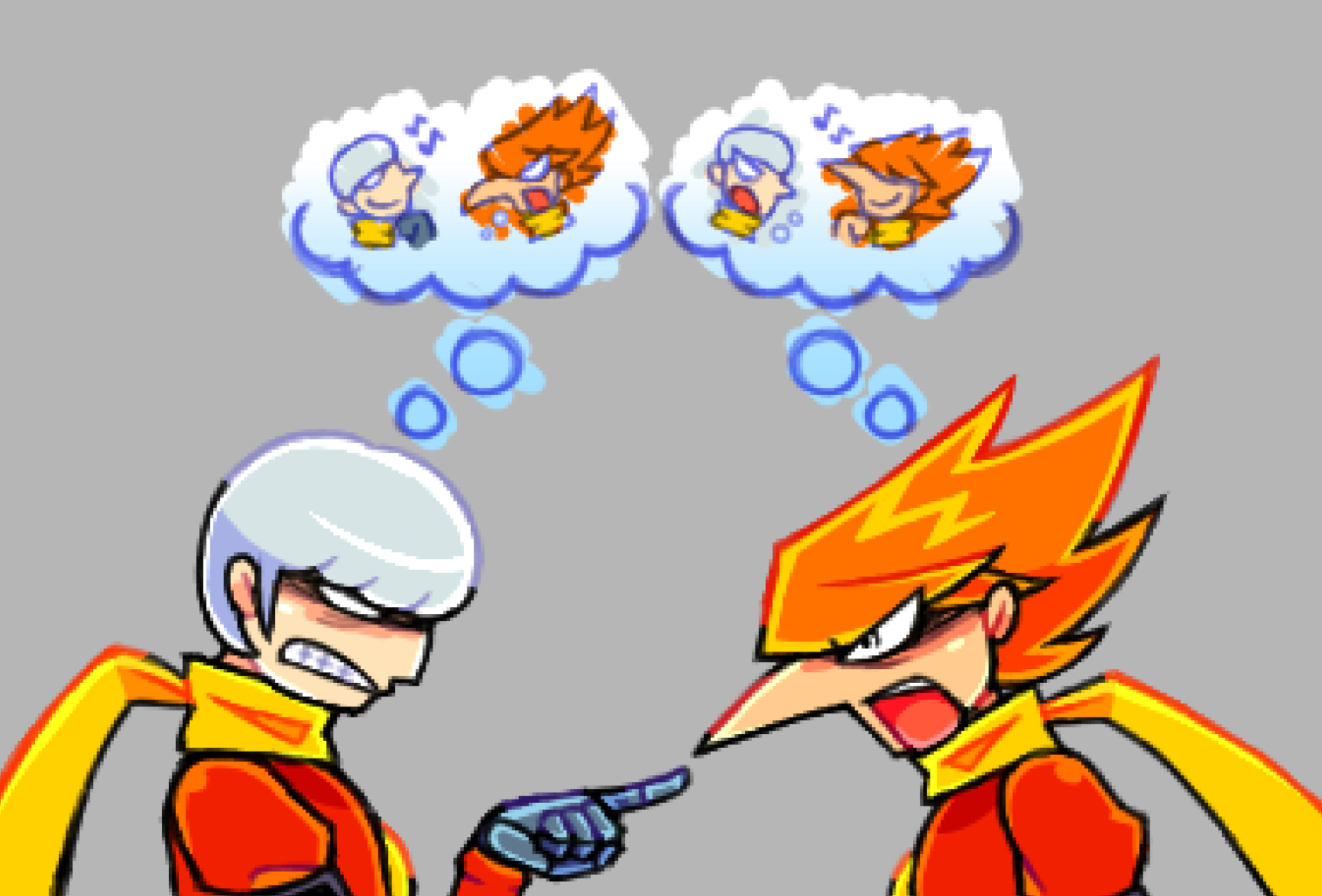 albert heinrich, jet link, cyborg 009, highres, 2boys, big nose, coat, cyborg, grey hair, hair over face, lion screaming at monkey (meme), long hair, looking at another, mechanical hands, meme, multiple boys, orange hair, red coat, scarf, shaded face, short hair, spiked hair, stonedocean420, white eyes, yellow scarf