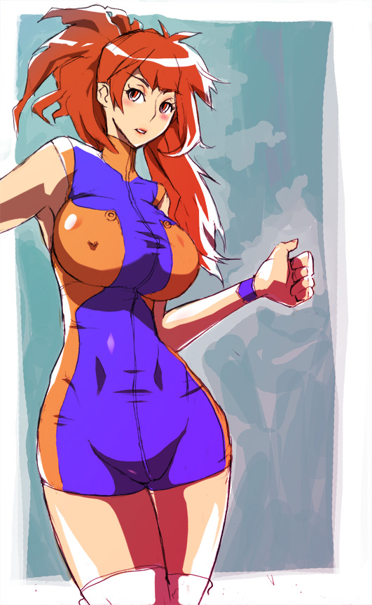 yunioshi, 1girl, armpits, blush, bodysuit, breasts, clenched hand, covered erect nipples, cowboy shot, female focus, groin, high ponytail, hip focus, large breasts, long hair, looking at viewer, parted lips, ponytail, red eyes, red hair, simple background, sketch, skin tight, solo, taut clothes, thighhighs, thighs, turtleneck, unitard, white thighhighs, wristband