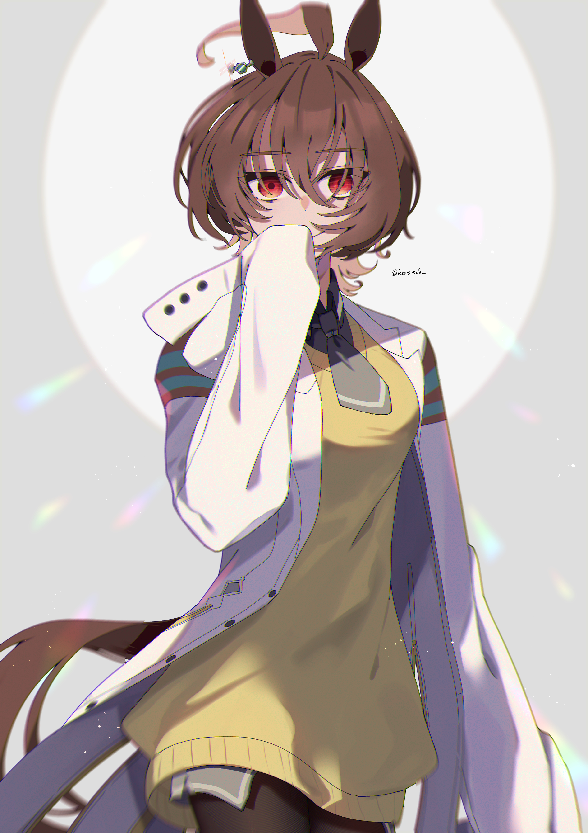 koroeda6, agnes tachyon (tach-nology) (umamusume), agnes tachyon (umamusume), umamusume, absurdres, commentary request, highres, 1girl, ahoge, animal ears, blush, breasts, brown eyes, brown hair, coat, cowboy shot, earrings, grey background, hair between eyes, horse ears, horse girl, horse tail, jacket, jewelry, lab coat, long sleeves, looking at viewer, necktie, pantyhose, red eyes, shirt, short hair, short necktie, single earring, sleeves past fingers, sleeves past wrists, smile, solo, sweater, sweater vest, tail, yellow sweater, yellow sweater vest