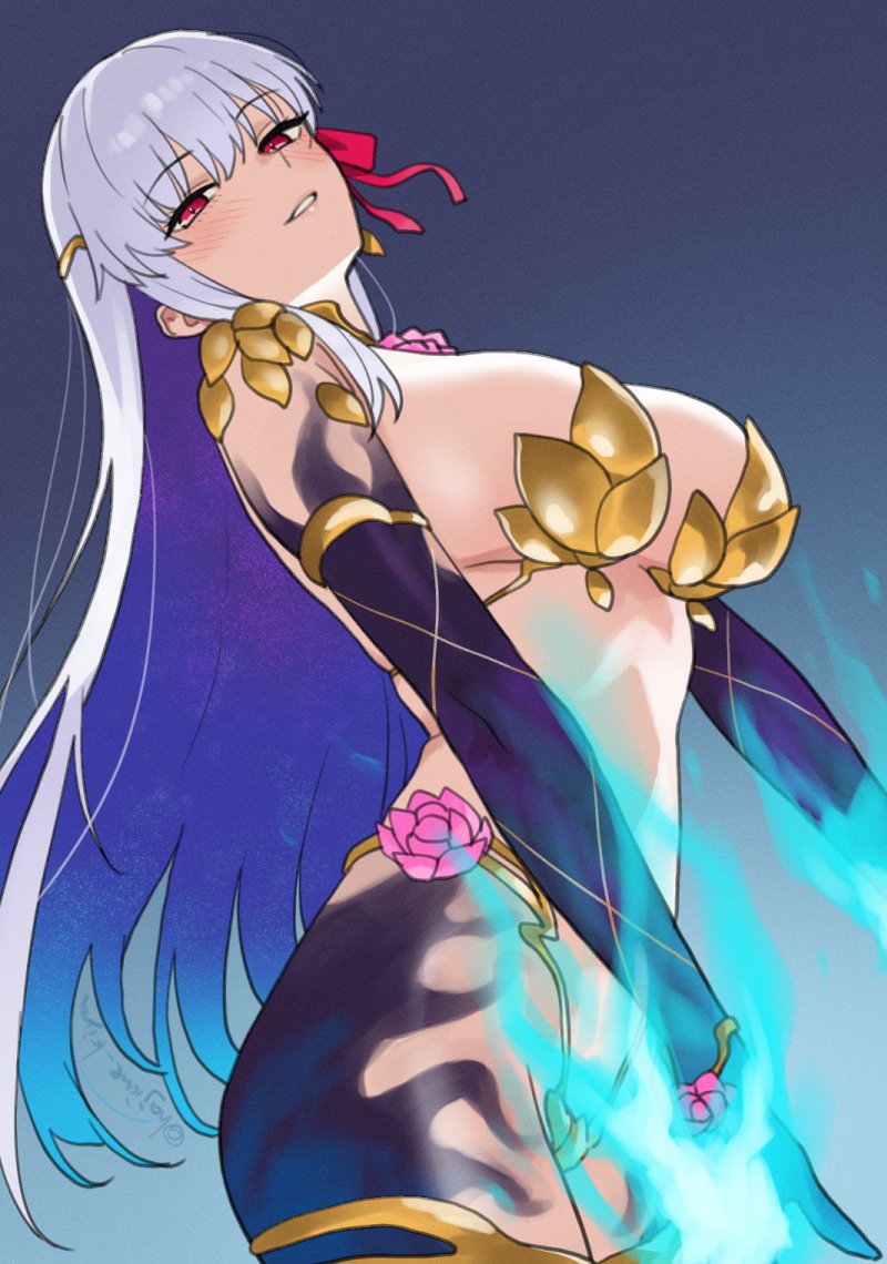kiya hajime, kama (adult) (fate), kama (assassin) (third ascension) (fate), kama (fate), kama (third ascension) (fate), fate/grand order, fate (series), commentary request, 1girl, armor, bikini armor, breasts, collar, colored inner hair, colored skin, earrings, glowing legs, gradient skin, grin, hair ribbon, jewelry, large breasts, long hair, looking at viewer, metal collar, multicolored hair, purple hair, red eyes, ribbon, smile, solo, standing, white hair