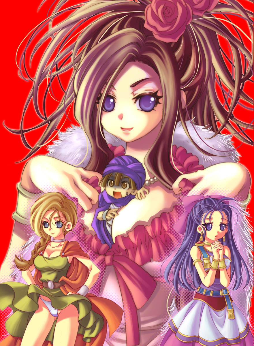 akamei, bianca (dq5), deborah (dq5), flora (dq5), hero (dq5), dragon quest, dragon quest v, bad id, bad pixiv id, highres, 1boy, 3girls, between breasts, blonde hair, blue eyes, blue hair, bow, braid, breasts, brown hair, cleavage, dress, earrings, flower, hair flower, hair ornament, hair over shoulder, half updo, jewelry, large breasts, long hair, multiple girls, panties, pantyshot, pink bow, rose, siblings, single braid, sisters, underwear, wind, wind lift