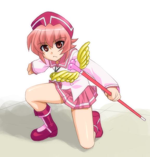 umekichi, behoimi, pani poni dash!, bad id, bad pixiv id, 00s, 1girl, :<, boots, brown eyes, female focus, hat, medal, medallion, pink boots, pink hair, school uniform, serafuku, short hair, skirt, solo, staff