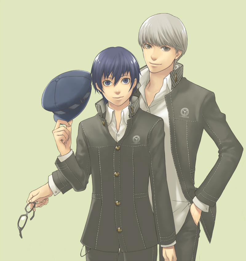 minato (robin), narukami yu, shirogane naoto, atlus, persona, persona 4, bad id, bad pixiv id, 1boy, 1girl, androgynous, hat, newsboy cap, reverse trap, short hair, unworn hat, unworn headwear