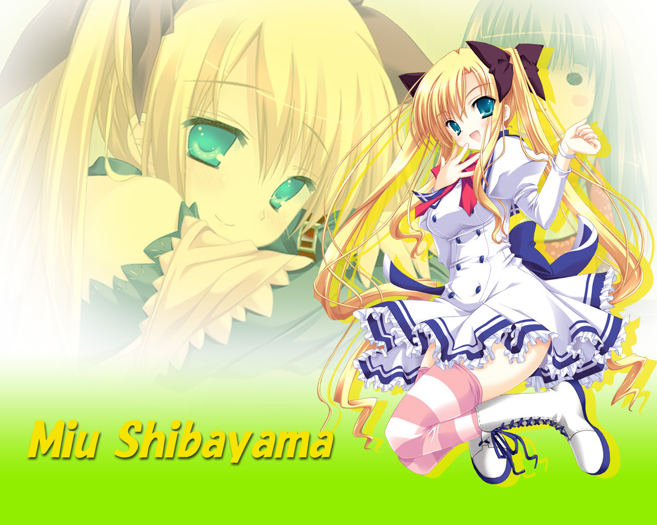shibayama miu, coming x humming, striped legwear, aqua eyes, blonde hair, boots, curly hair, dress, hair ribbon, long hair, ribbon, striped clothes, striped thighhighs, thighhighs, twintails, very long hair, zettai ryouiki, zoom layer