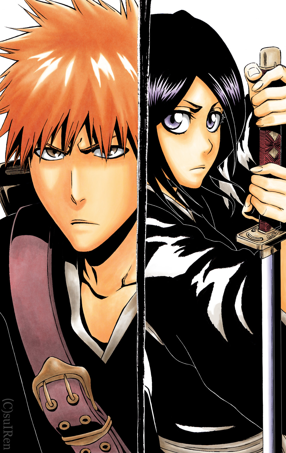 suirennnn, kuchiki rukia, kurosaki ichigo, bleach, commentary request, highres, 1boy, 1girl, black hair, brown eyes, frown, holding, holding sword, holding weapon, japanese clothes, katana, medium hair, official style, orange hair, purple eyes, serious, shihakusho, split screen, sword, weapon