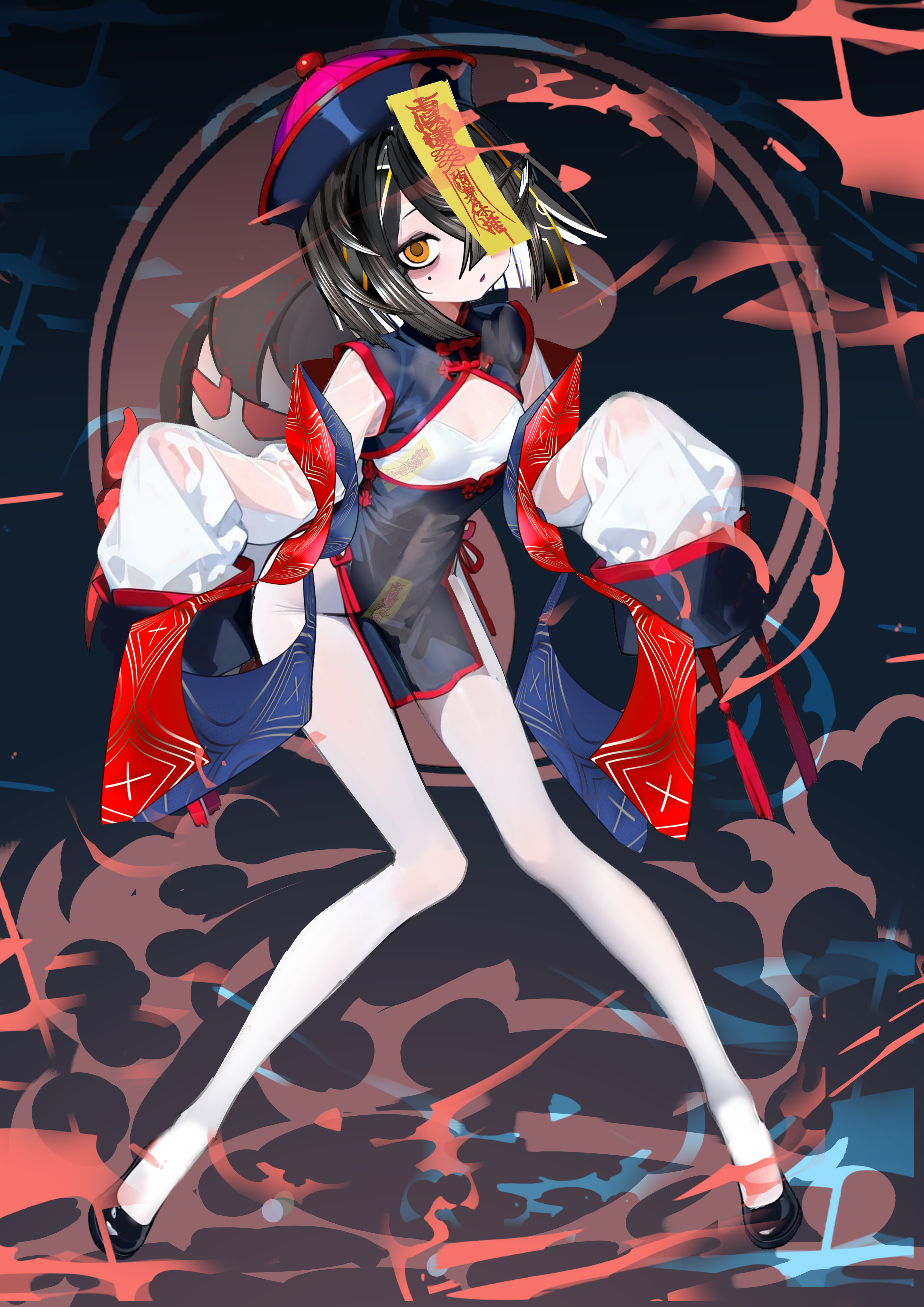kitsunebi44410, xu fu (fate), fate/grand order, fate (series), absurdres, highres, 1girl, black dress, black hair, breasts, brown eyes, china dress, chinese clothes, cleavage cutout, clothing cutout, dress, full body, hair over one eye, hat, jiangshi, lady yu doll, long sleeves, looking at viewer, mole, mole under eye, ofuda, pantyhose, pelvic curtain, qingdai guanmao, see-through clothes, short dress, short hair, small breasts, solo, white pantyhose, wide sleeves