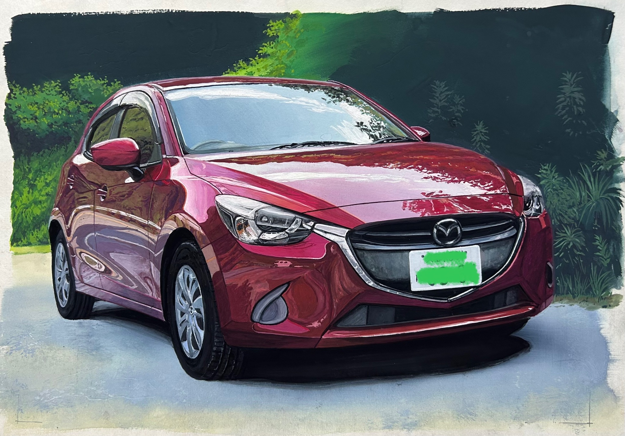 atsumori177, original, highres, car, censored, censored text, license plate, mazda demio, motor vehicle, no humans, photorealistic, realistic, redaction, reflection, side-view mirror, vehicle focus, window