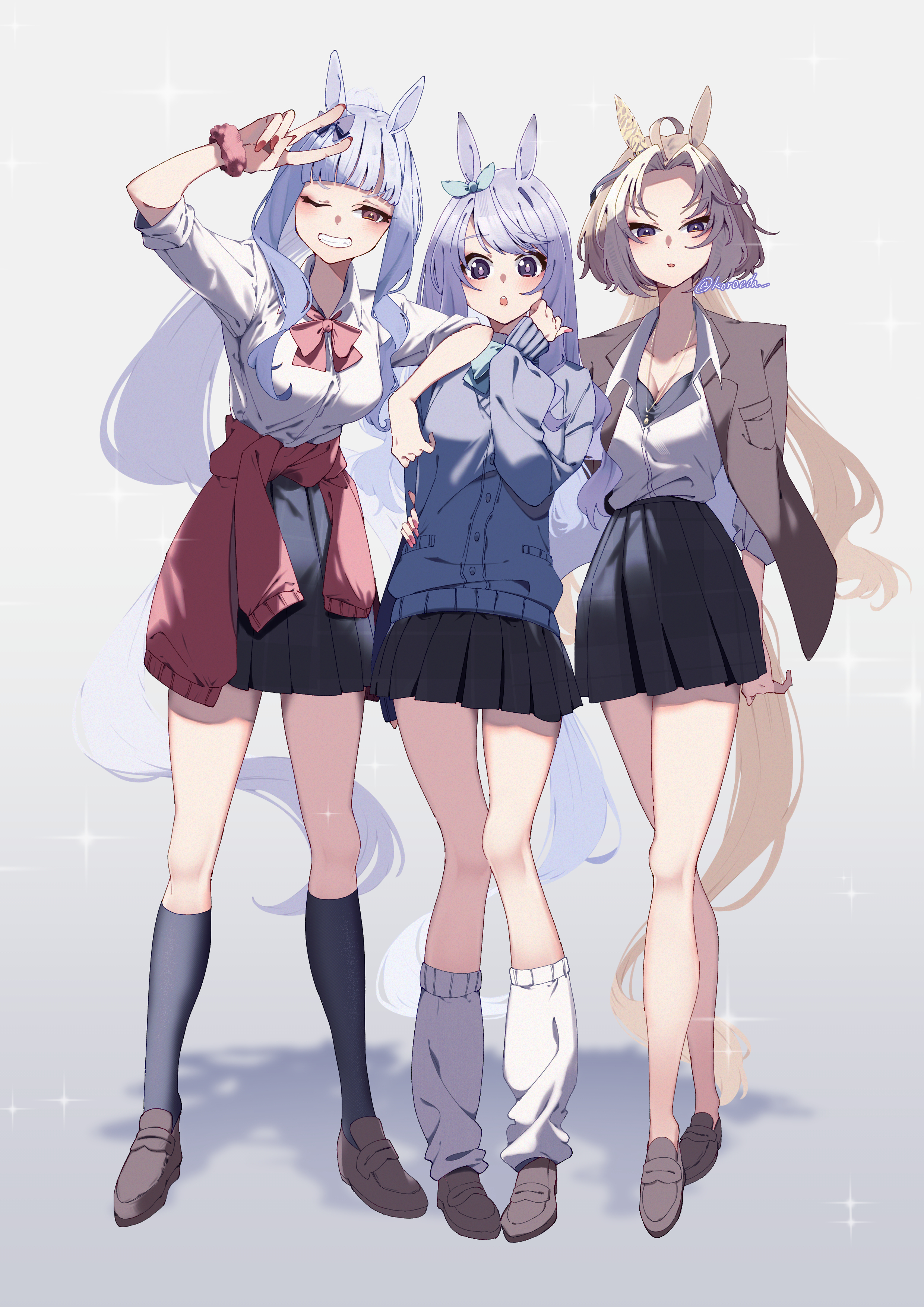 koroeda6, gold ship (umamusume), mejiro mcqueen (umamusume), orfevre (umamusume), umamusume, absurdres, highres, 3girls, animal ears, arms behind back, black skirt, black socks, blue bow, blue cardigan, bow, breasts, brown hair, brown jacket, brown shoes, cardigan, cleavage, clothes around waist, forehead, gold necklace, grey hair, grin, hair bow, horse ears, horse girl, horse tail, jacket, jacket around waist, jacket on shoulders, jewelry, kneehighs, leg warmers, long hair, multicolored hair, multiple girls, necklace, one eye closed, open mouth, pink bow, pink scrunchie, pleated skirt, purple eyes, purple hair, red jacket, red nails, scrunchie, shoes, skirt, sleeves rolled up, smile, socks, tail, two-tone hair, v, white hair, white leg warmers, wrist scrunchie