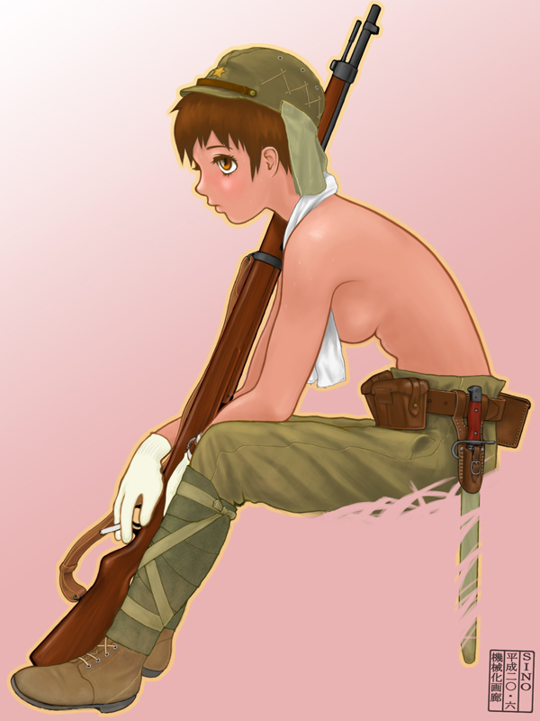 sino, sino (mechanized gallery), original, 1girl, ankle wrap, breasts, brown eyes, brown hair, cigarette, female focus, gloves, gun, helmet, knife, military, military uniform, short hair, small breasts, solo, tomboy, topless female, towel, towel over breasts, weapon