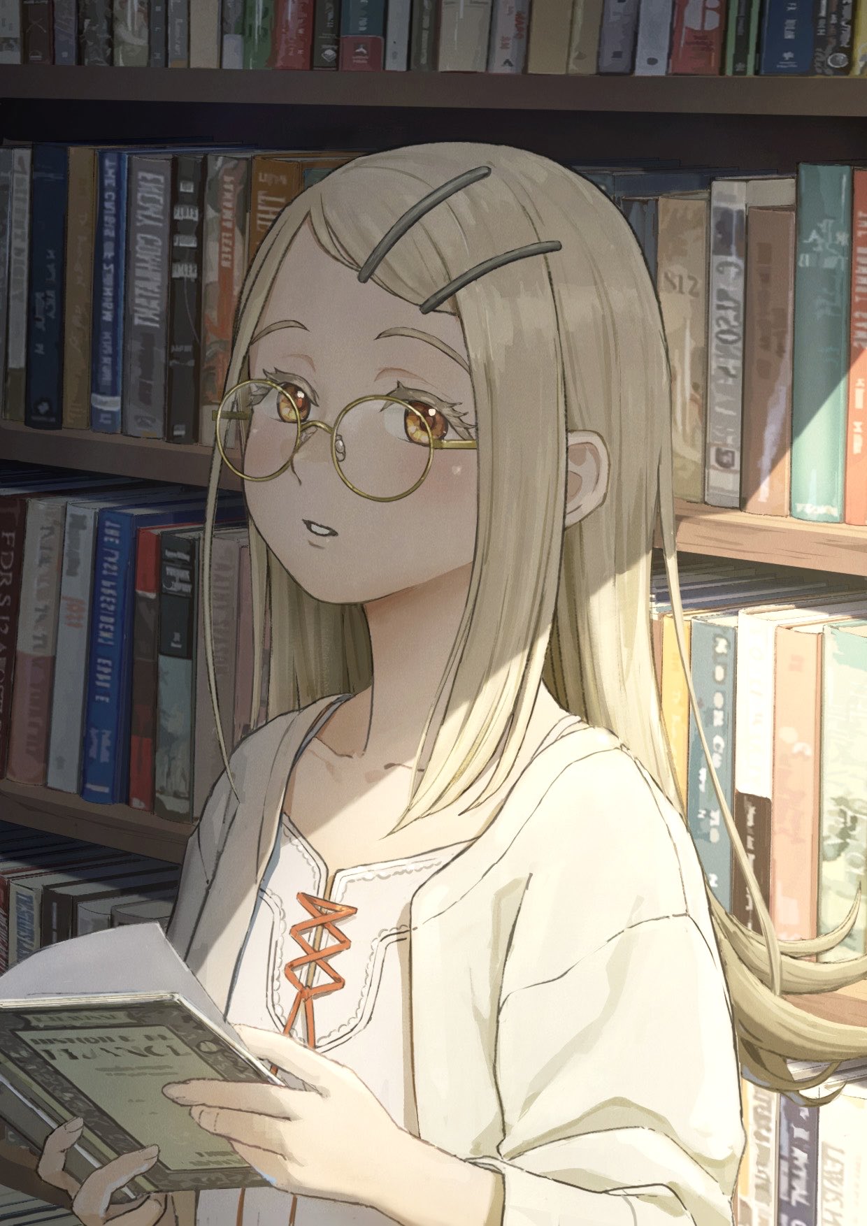 shinosawa hiro, gakuen idolmaster, idolmaster, commentary request, highres, 1girl, blonde hair, book, bookshelf, camisole, coat, collarbone, colored eyelashes, fingernails, flipped hair, g takuan, glasses, hair ornament, hairclip, holding, holding book, indoors, light blush, long hair, long sleeves, looking at viewer, looking to the side, open clothes, open coat, open mouth, orange eyes, parallel hairclips, parted bangs, red ribbon, ribbon, round eyewear, shade, solo, upper body, white camisole, white coat, yellow-framed eyewear