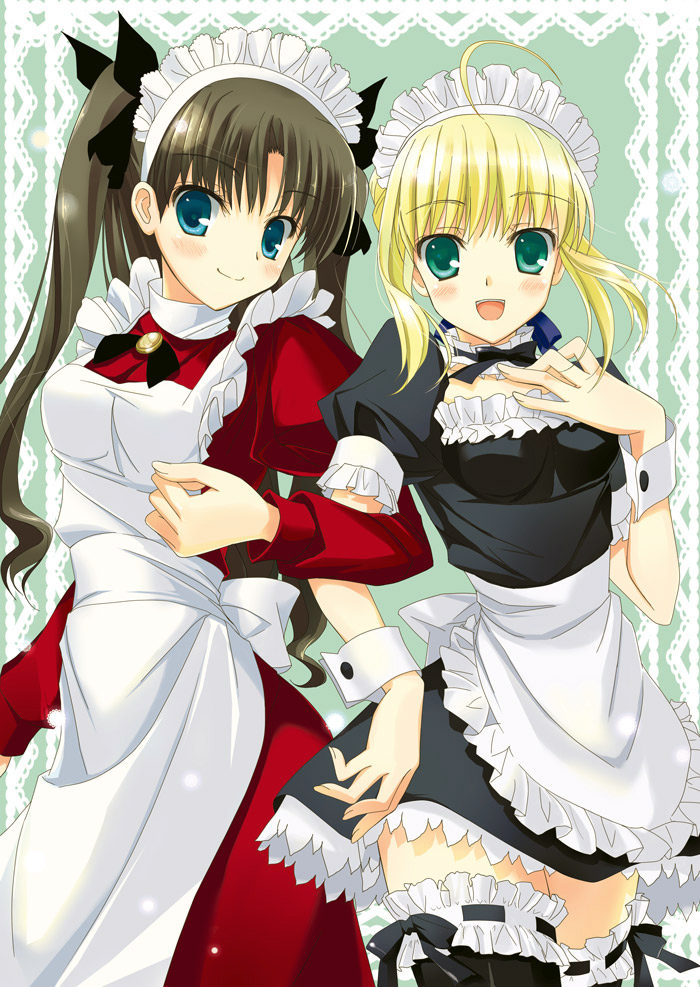 ameto yuki, artoria pendragon (fate), saber (fate), tohsaka rin, fate/stay night, fate (series), type-moon, bad id, bad pixiv id, 00s, 2girls, ahoge, black hair, blonde hair, blue eyes, blush, green eyes, long hair, maid, multiple girls, official alternate costume, ribbon, thighhighs, twintails, two side up