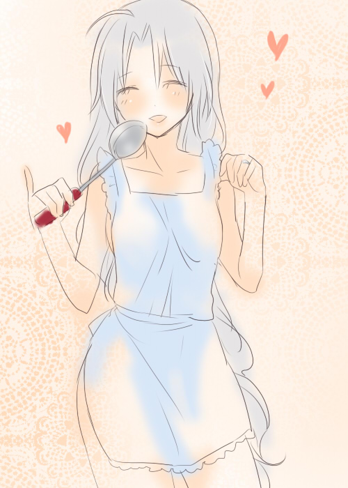 machiko (beard), yagokoro eirin, touhou, silver hair, 1girl, apron, blush, closed eyes, female focus, heart, jewelry, naked apron, open mouth, pinky out, ring, smile, solo, standing