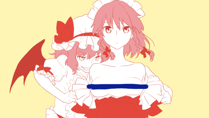 machiko (beard), izayoi sakuya, remilia scarlet, maria holic, touhou, derivative work, 2girls, assisted exposure, bar censor, bat wings, breasts, censored, censored nipples, expressionless, female focus, hairband, hat, multiple girls, parody, ribbon, small breasts, wings