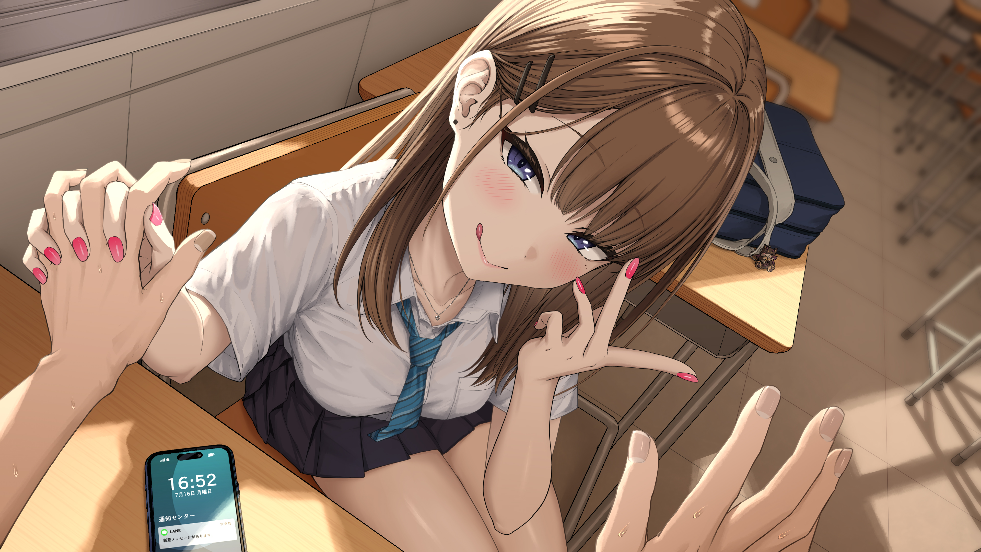 aoi tiduru, original, absurdres, highres, 1boy, 1girl, :q, black skirt, blue eyes, blush, breast pocket, breasts, brown hair, chair, classroom, closed mouth, collared shirt, desk, diagonal-striped clothes, diagonal-striped necktie, earrings, from above, gyaru, hair ornament, hairclip, hand up, holding hands, indoors, jewelry, kogal, long hair, looking at viewer, medium breasts, miniskirt, mole, mole under eye, nail polish, necktie, pleated skirt, pocket, pov, pov hands, school, school chair, school desk, school uniform, shirt, short sleeves, sitting, skirt, smile, solo focus, striped clothes, thighs, tongue, tongue out, v, white shirt